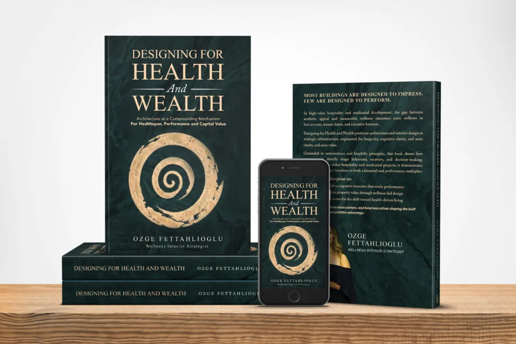 Book cover and digital devices display for the book "Designing for Health and Wealth" biophilic design book. interior design book modular construction book neuroarchitecture book