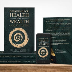 Book cover and digital devices display for the book "Designing for Health and Wealth" biophilic design book. interior design book modular construction book neuroarchitecture book
