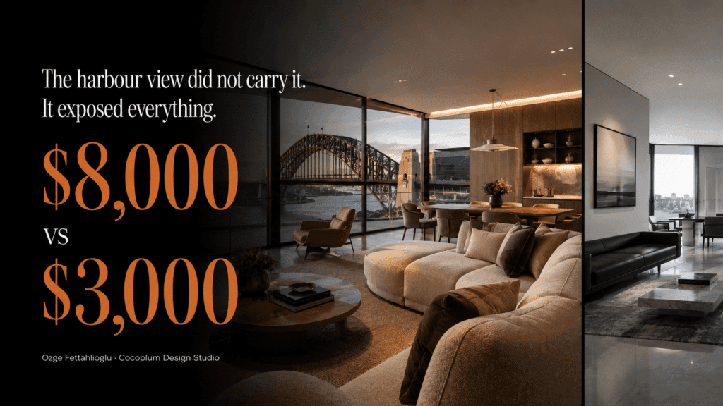 Interior comparison of two Barangaroo luxury apartments. Text overlay reads: The harbour view did not carry it. It exposed everything. Price comparison showing $8,000 per week versus $3,000 per week. By Ozge Fettahlioglu, Cocoplum Design Studio.