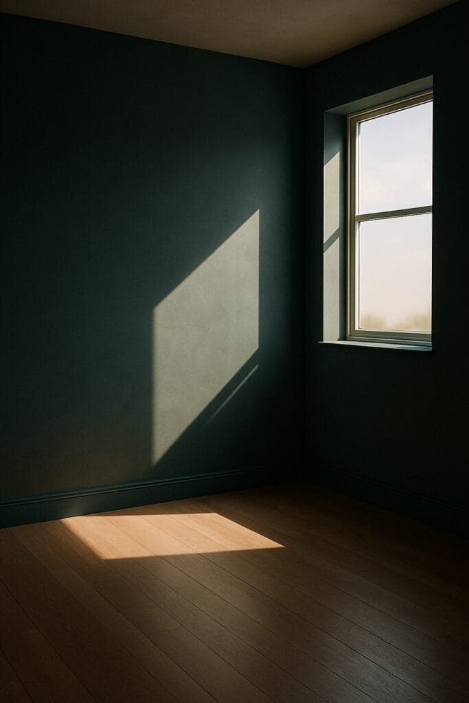 Dark green room with afternoon sunlight through a window, illustrating wellness interior design