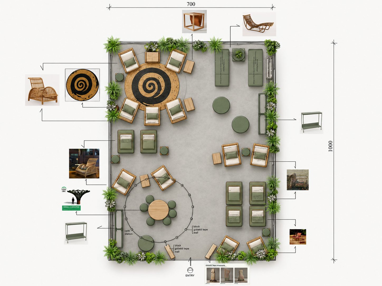 Floor plan of the 7 by 10 metre VIP lounge showing the entry, Göbekli Tepe blocks, the Urban Canopee over a round table, the café station, the Golden Spiral rug with rattan chairs, daybeds and lounge seating