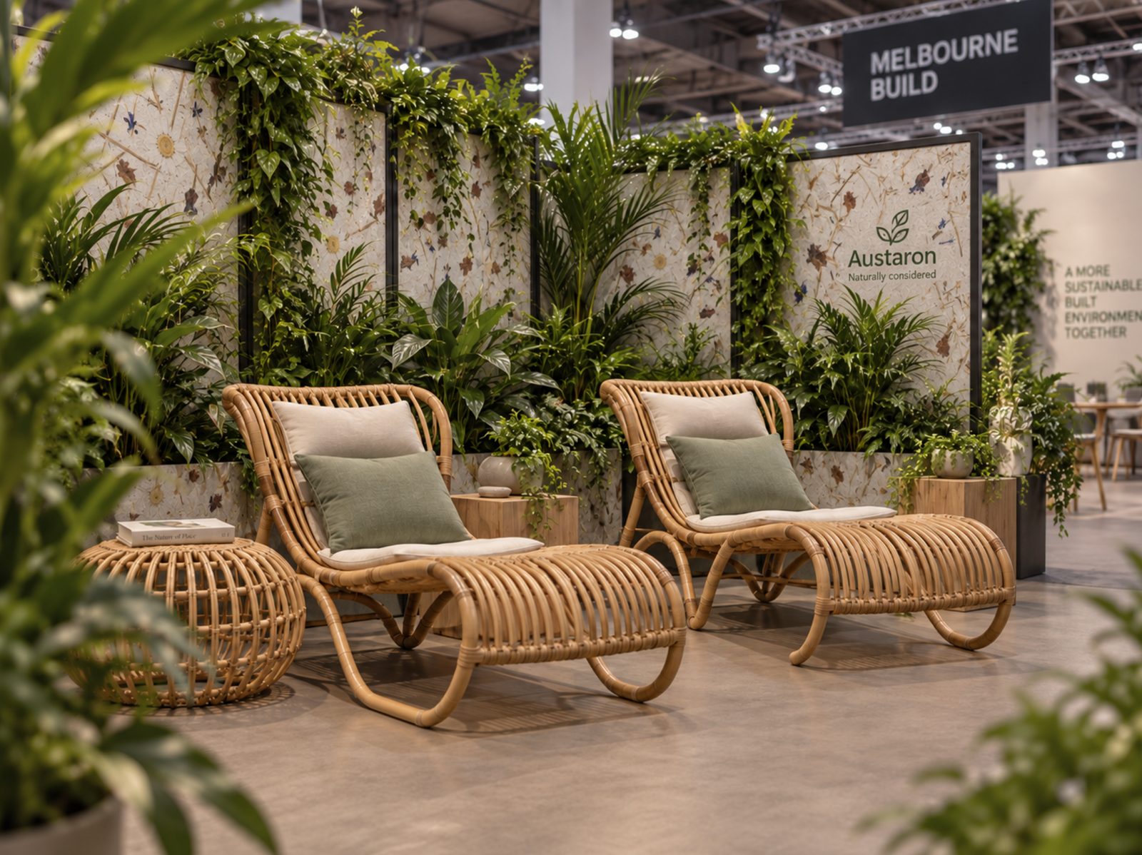 Render of two rattan loungers in front of Austaron Organoid floral wall panels with trailing plants