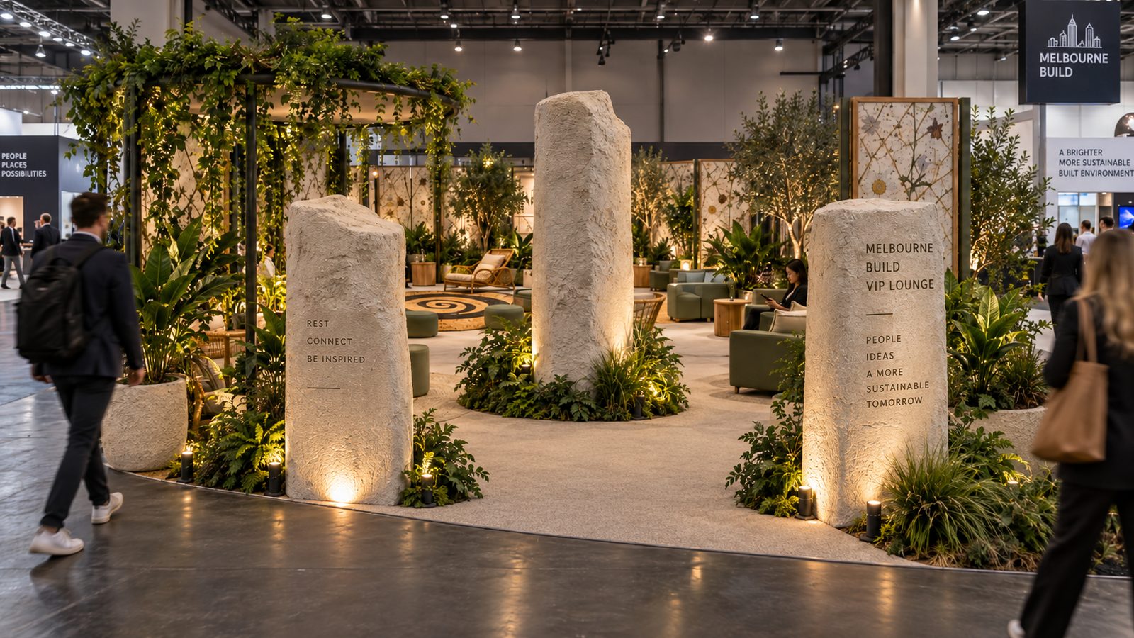 Render of the Melbourne Build VIP Lounge entrance: three lit stone monoliths engraved with Rest, Connect, Be Inspired and Melbourne Build VIP Lounge, framed by planting