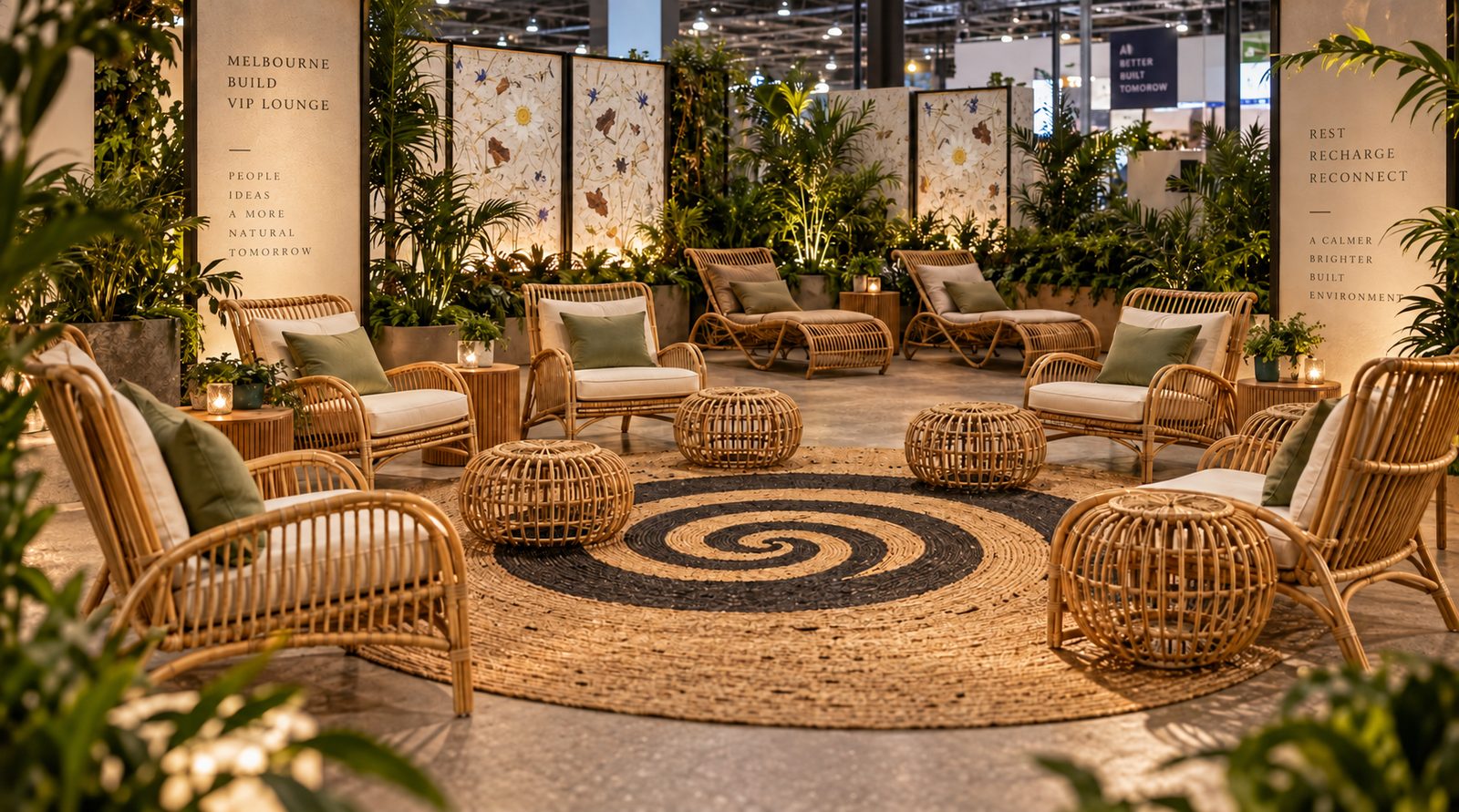Render of the Golden Spiral rug surrounded by rattan lounge chairs and ottomans, with Austaron floral wall panels behind
