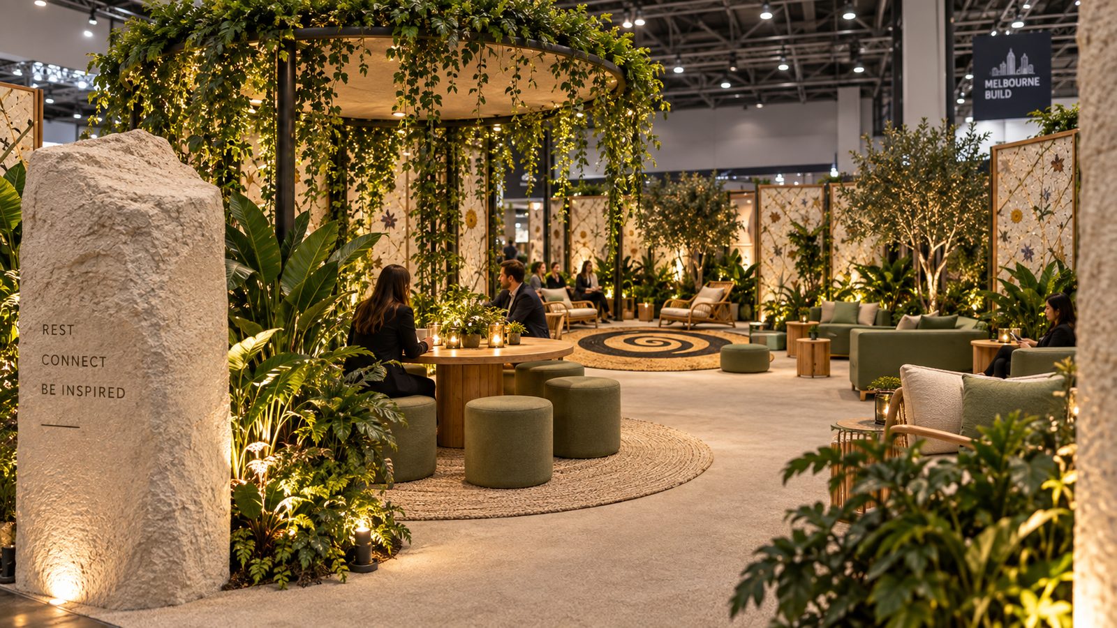 Render of the lounge interior: a plant-covered canopy over a round timber table with green ottomans, and the spiral rug beyond
