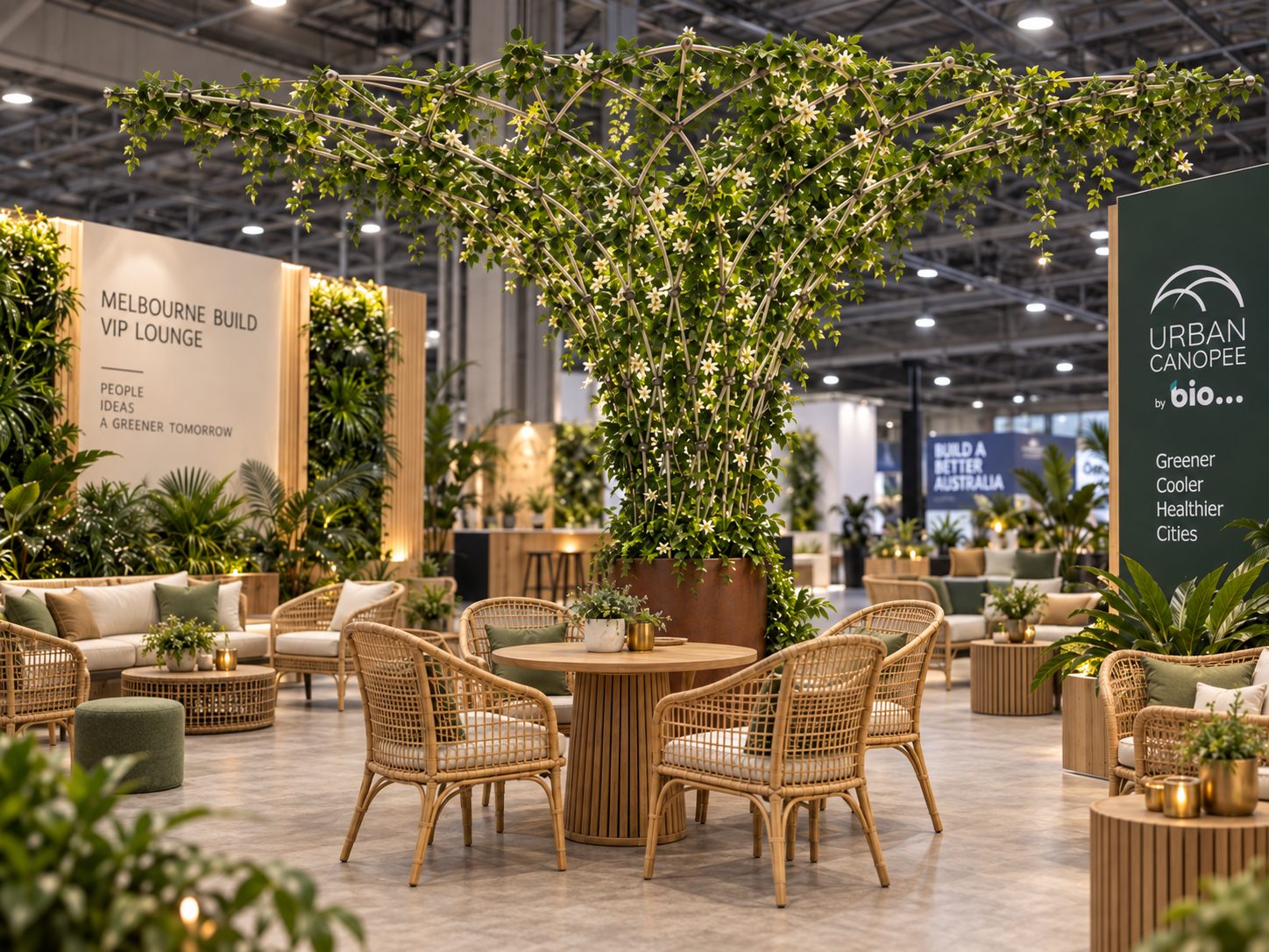 Render of the Urban Canopee: a flowering climber trained over a tree-shaped trellis above a rattan dining setting