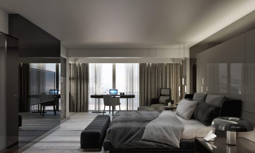 Luxury wellness interior designed by Ozge Fettahlioglu – biophilic hotel suite with timber, natural stone and greenery, by Cocoplum Wellness Design.