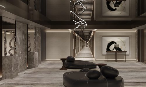 Luxury wellness interior designed by Ozge Fettahlioglu – biophilic hotel suite with timber, natural stone and greenery, by Cocoplum Wellness Design.