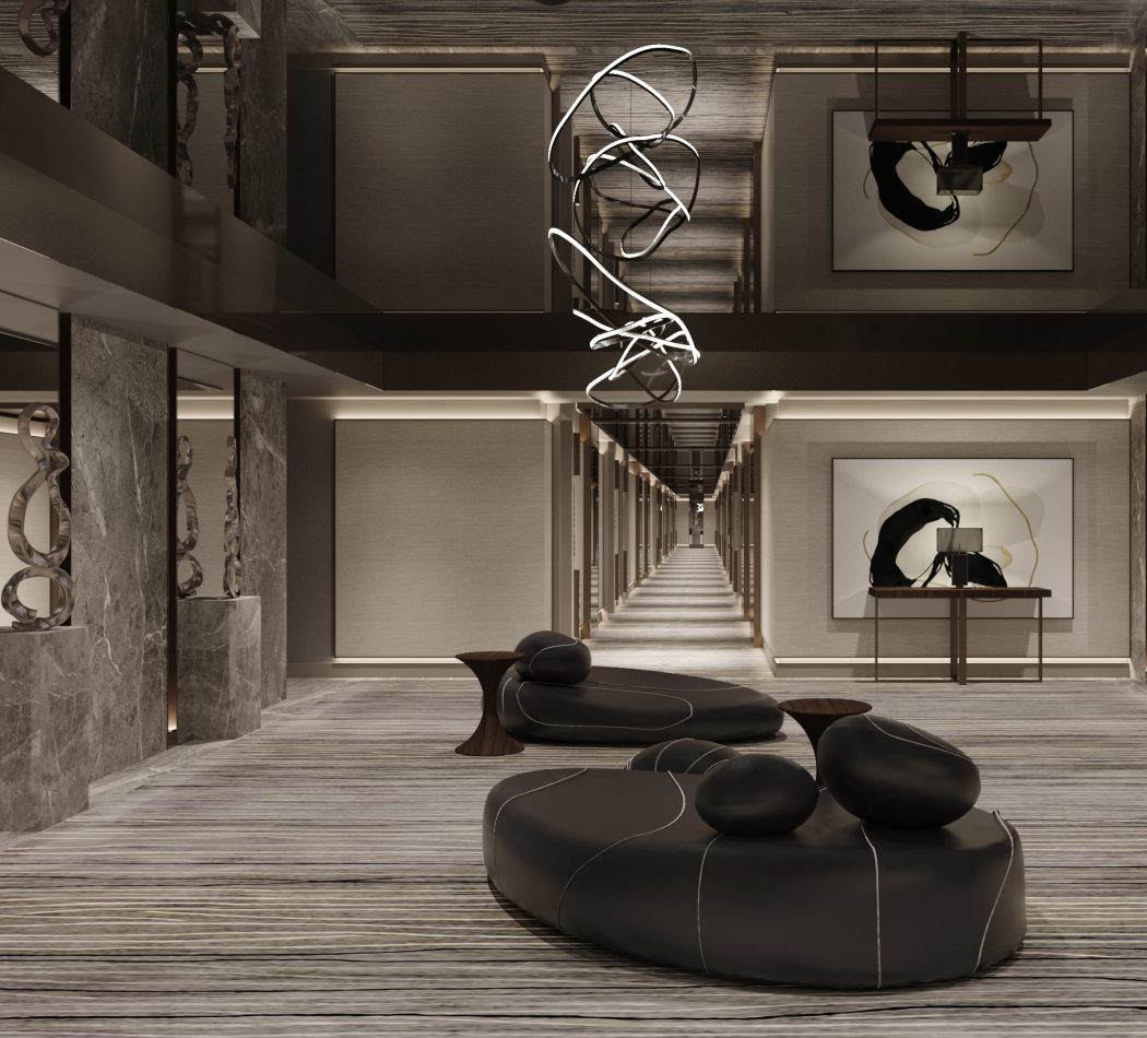 Luxury wellness interior designed by Ozge Fettahlioglu – biophilic hotel suite with timber, natural stone and greenery, by Cocoplum Wellness Design.