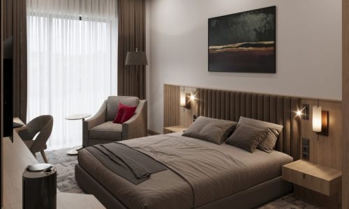 Luxury wellness interior designed by Ozge Fettahlioglu – biophilic hotel suite with timber, natural stone and greenery, by Cocoplum Wellness Design.