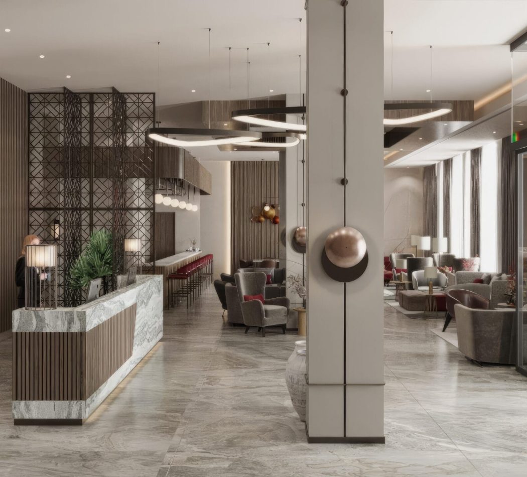 Luxury wellness interior designed by Ozge Fettahlioglu – biophilic hotel suite with timber, natural stone and greenery, by Cocoplum Wellness Design.