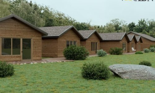Concept render of Almaty Hunting Lodge cabins around a pond, Kazakhstan, in progress