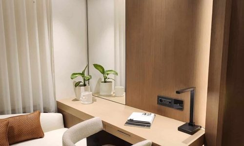 Completed 1:1 prototype guestroom, desk and lounge area, confidential hotel brand