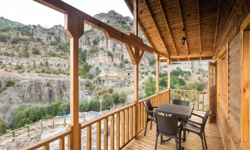 Timber deck with mountain view at Seben Wooden Cabins, Bolu, Türkiye